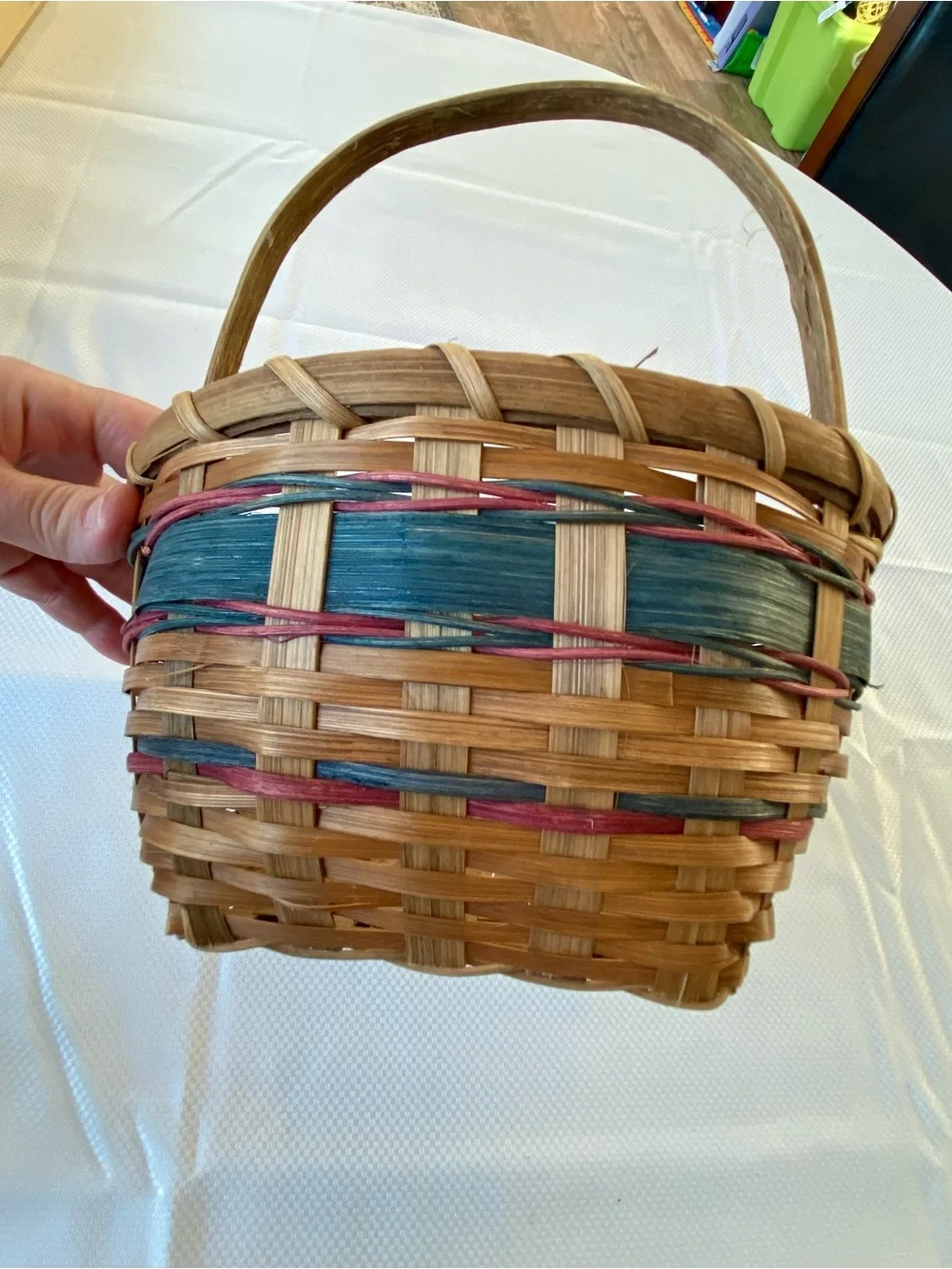 Woven Handled Basket with Blue and Red Accents